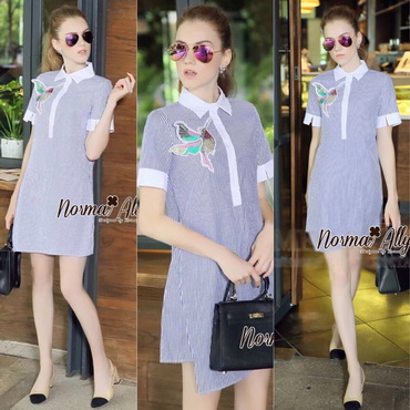 Lady Ribbon Online เสื้อผ้าออนไลน์ ราคาส่ง NA11040716 🎉Normal Ally Present new collection striped blue and white embroider bird dress