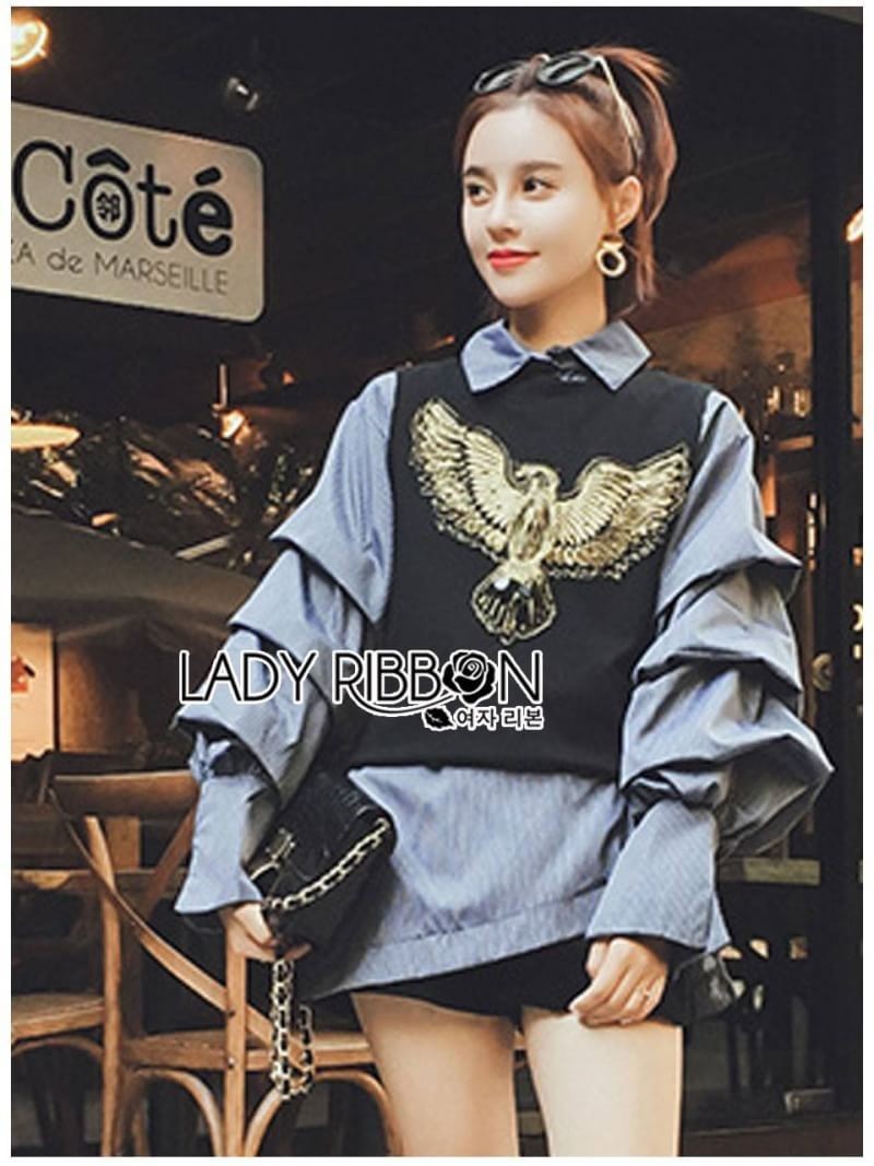 เซ็ตเสื้อแขนกุดสีดำปักหมุดลายนกทับเสื้อเชิ้ต