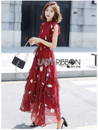 เดรสยาวผ้าชีฟองสีแดงพิมพ์ลายตกแต่งระบาย