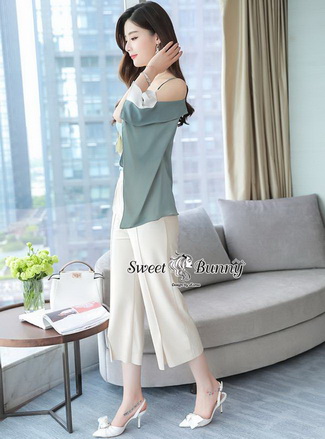 เซ็ทเสื้อ+กางเกงเกาหลีเสื้อผ้าไหมซาติน