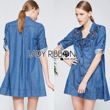 Lady Ribbon Online ขายส่งเสื้อผ้าออนไลน์ของแท้ LR11070716 🎀 Lady Ribbon's Made 🎀 Lady Rosalie Smart Chic Embroidered Denim Shirt Dress