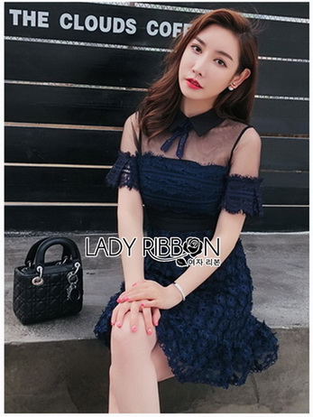 Navy Lace Dress เดรสแขนสั้นผ้าลูกไม้สีน้ำเงิน
