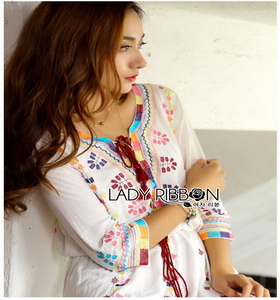 Chic Colorful Embroidered Cotton Lady Ribbon Dress