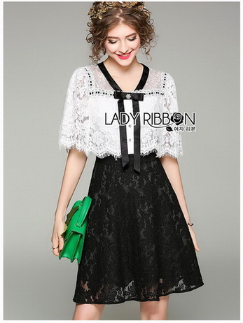 Black and White Lady Ribbon Lace Dress