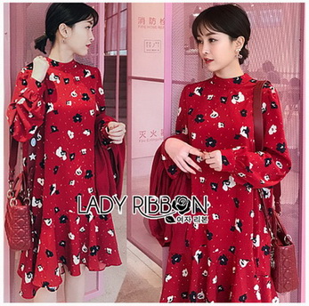 Printed Red Peplum Dress เดรสผ้าเครปสีแดง