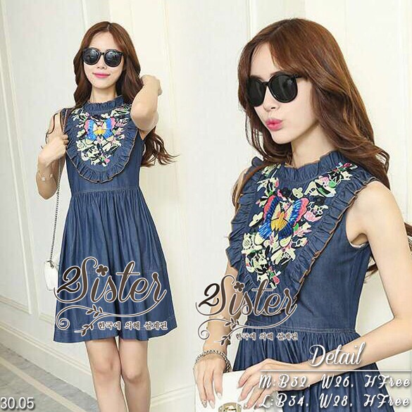 Lady Ribbon Online Sister ST13290516 🍀สินค้าพร้อมส่ง🍀 한국에 의해 설계된 2Sister Made, Sweet Lovely Jean Dress With Flora Fancy Pattern