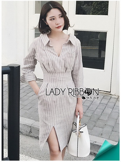 Shirt Dress Lady Ribbon เชิ้ตเดรสลายทาง