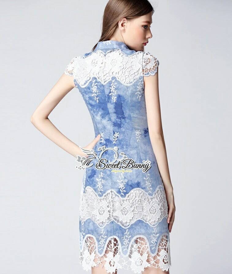 SW16010916 Sweet Bunny Present... Stripe Lace Denim Dress เดรสยีนส์ลูกไม้