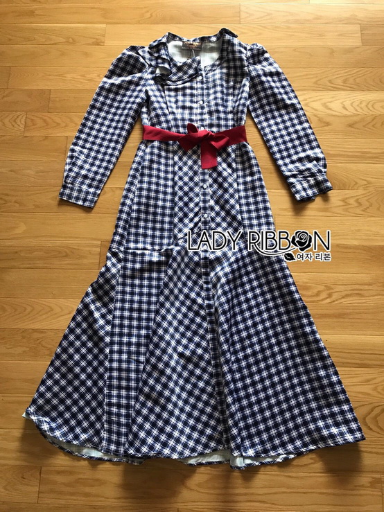 Dress with Red Ribbon เชิ้ตเดรสยาวลายสก็อตสีนํ้าเงิน
