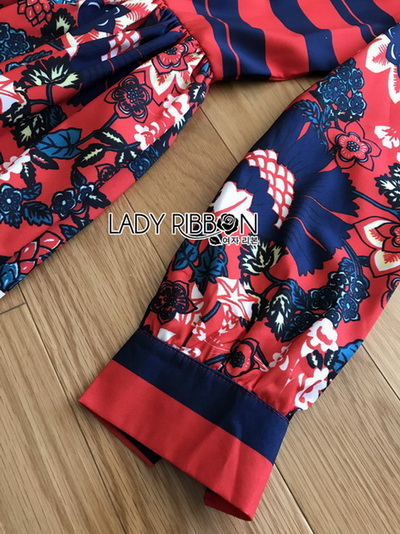 เชิ้ตเดรสพิมพ์ลายดอกไม้สลับลายทาง