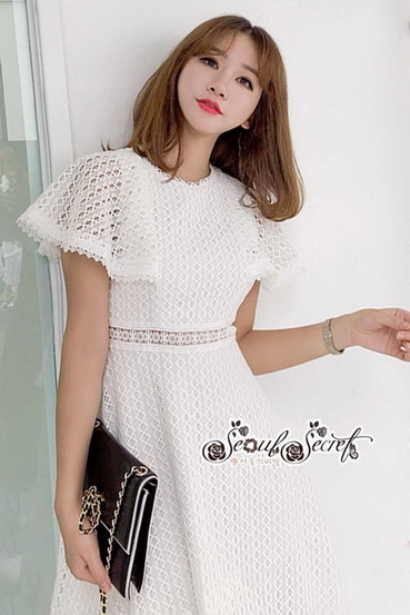 เดรสเนื้อผ้าทอลายลูกไม้สีขาวผ้าลูกไม้โปร่ง