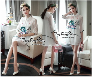 VP05310816 Luxurious White Silk Embroidered Shirt Dress เดรสเชิตงานปักสไตล์วินเทจสวยมาก