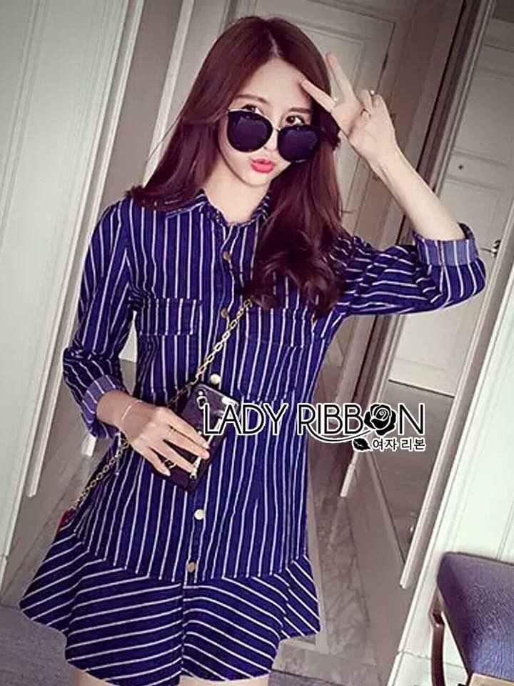 Lady Ribbon ออนไลน์ Lady Ribbon ออนไลน์ LR05090516 🎀 Lady Ribbon's Made 🎀 Lady Grace Minimal Chic Striped Peplum Denim Shirt Dress