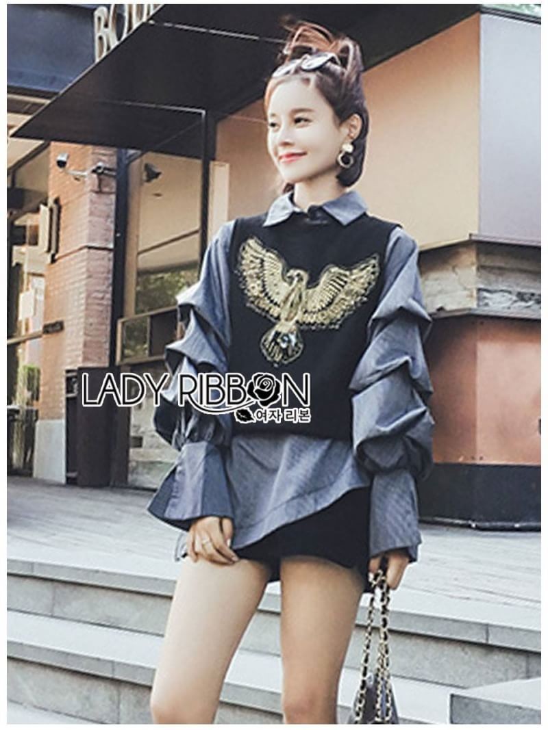 เซ็ตเสื้อแขนกุดสีดำปักหมุดลายนกทับเสื้อเชิ้ต