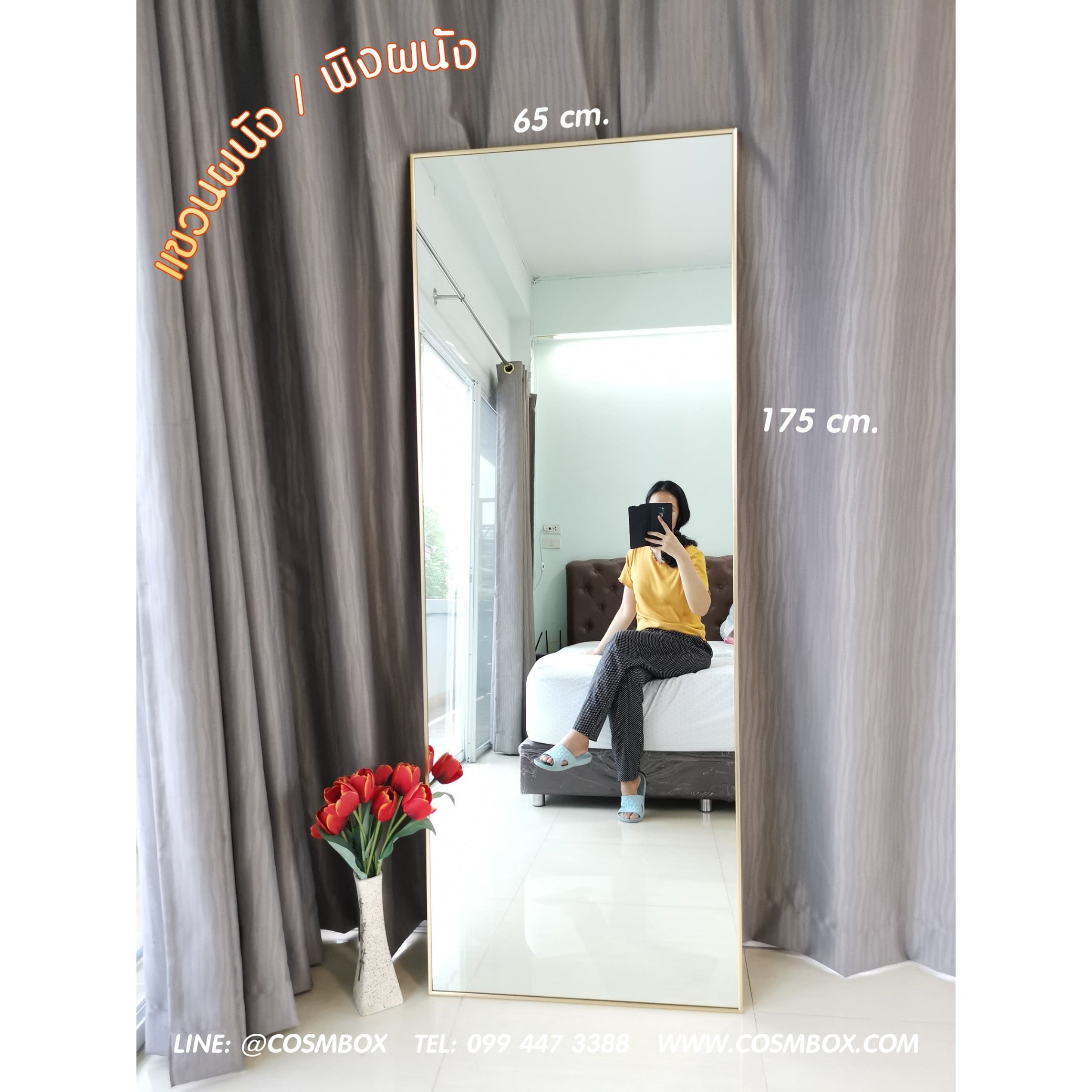 กระจกส่องตัว กระจกแต่งตัว กระจกเต็มตัว ขนาด 65x175 ซม. - รุ่นแขวนผนัง/พิงผนัง (ขอบทอง)