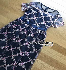 Lady Ribbon Pink Flower Embroidered Navy Tulle Maxi Dress