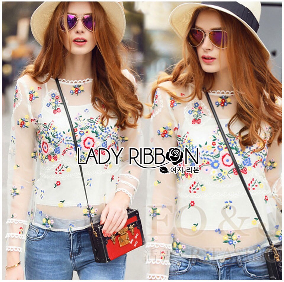 Lady Ribbon Online LR09160616 🎀 Lady Ribbon's Made 🎀 Sretsis Labyrinth Floral Embroidered Organza Blouse เ