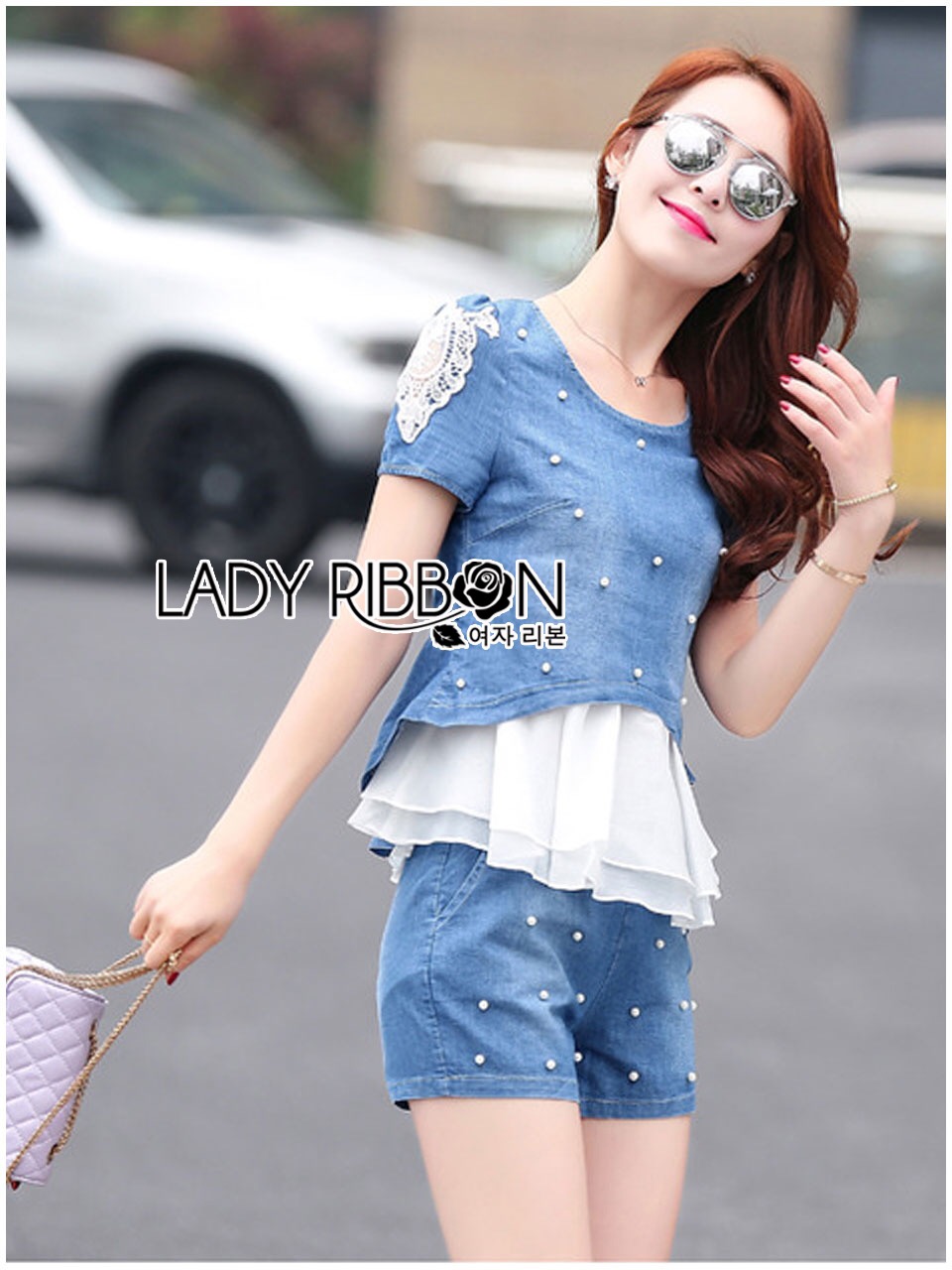 🎀 Lady Ribbon's Made 🎀 ขายส่ง Lady Monica Casual Chic Pearl Embroidered Denim and Chiffon Set ขายส่งเซ็ตเสื้อแขนสั้น