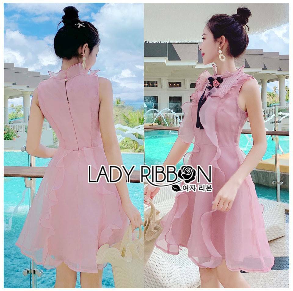 เดรสสั้นผ้าออแกนดี้ สีชมพูทรงระบาย