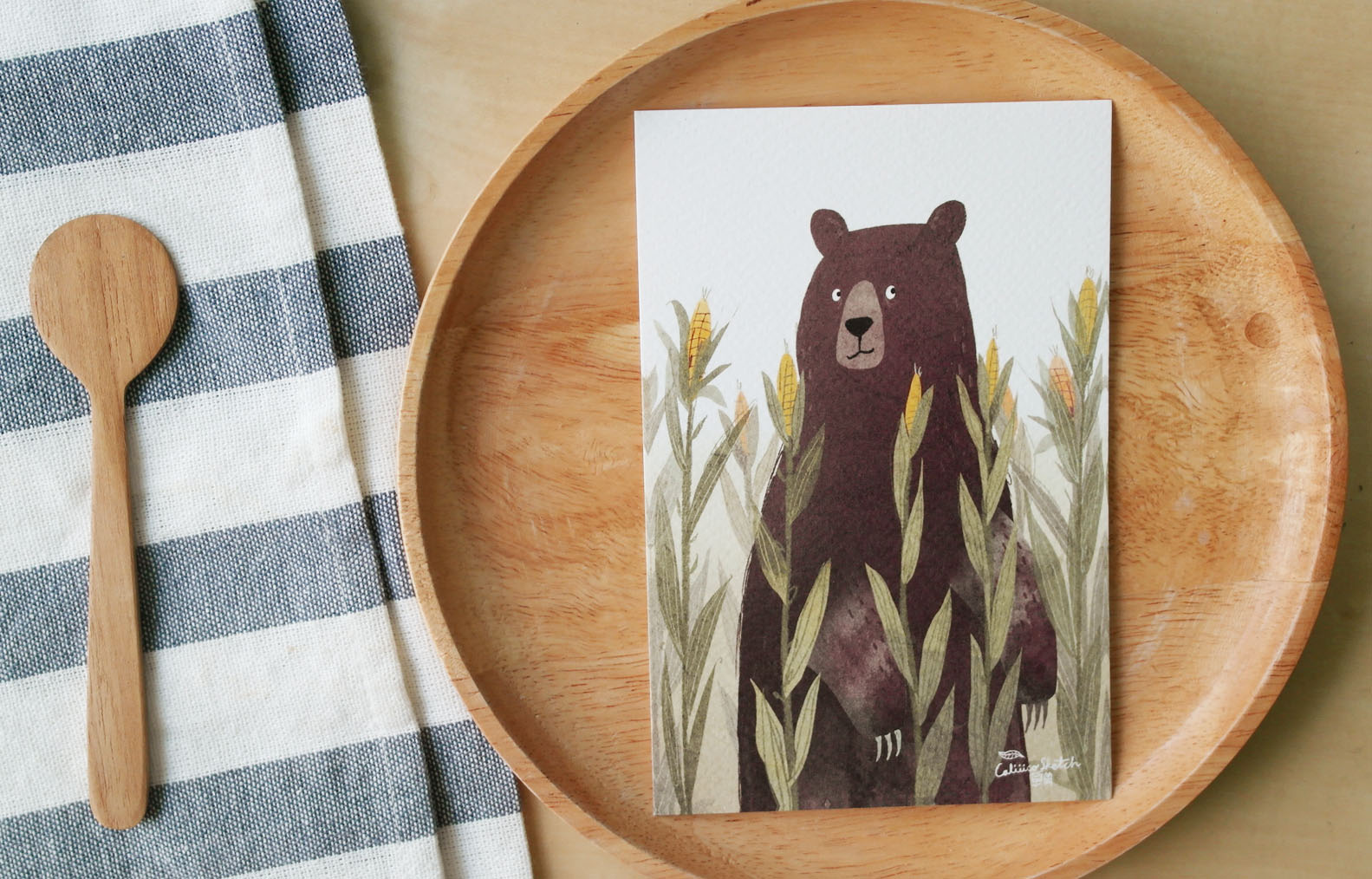 โปสการ์ด ลายหมีข้าวโพด Bear with Corn illustration postcard 4x6 inch