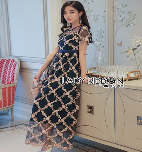 Lady Ribbon Pink Flower Embroidered Navy Tulle Maxi Dress