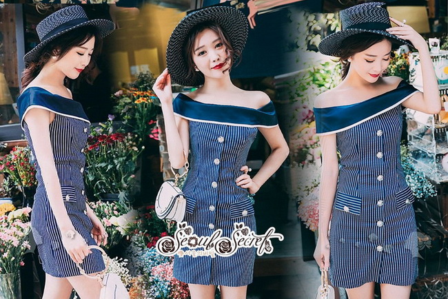 เดรสเนื้อผ้า Cotton 100% เนื้อผ้าทอลายริ้วโทนสีกรม
