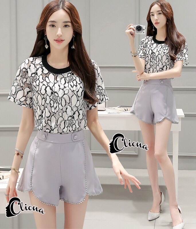CN02010916 Cliona made' Sexy Lace Top + Purple Grey Shirt Set - Set เสื้อลูกไม้สีขาวดำ