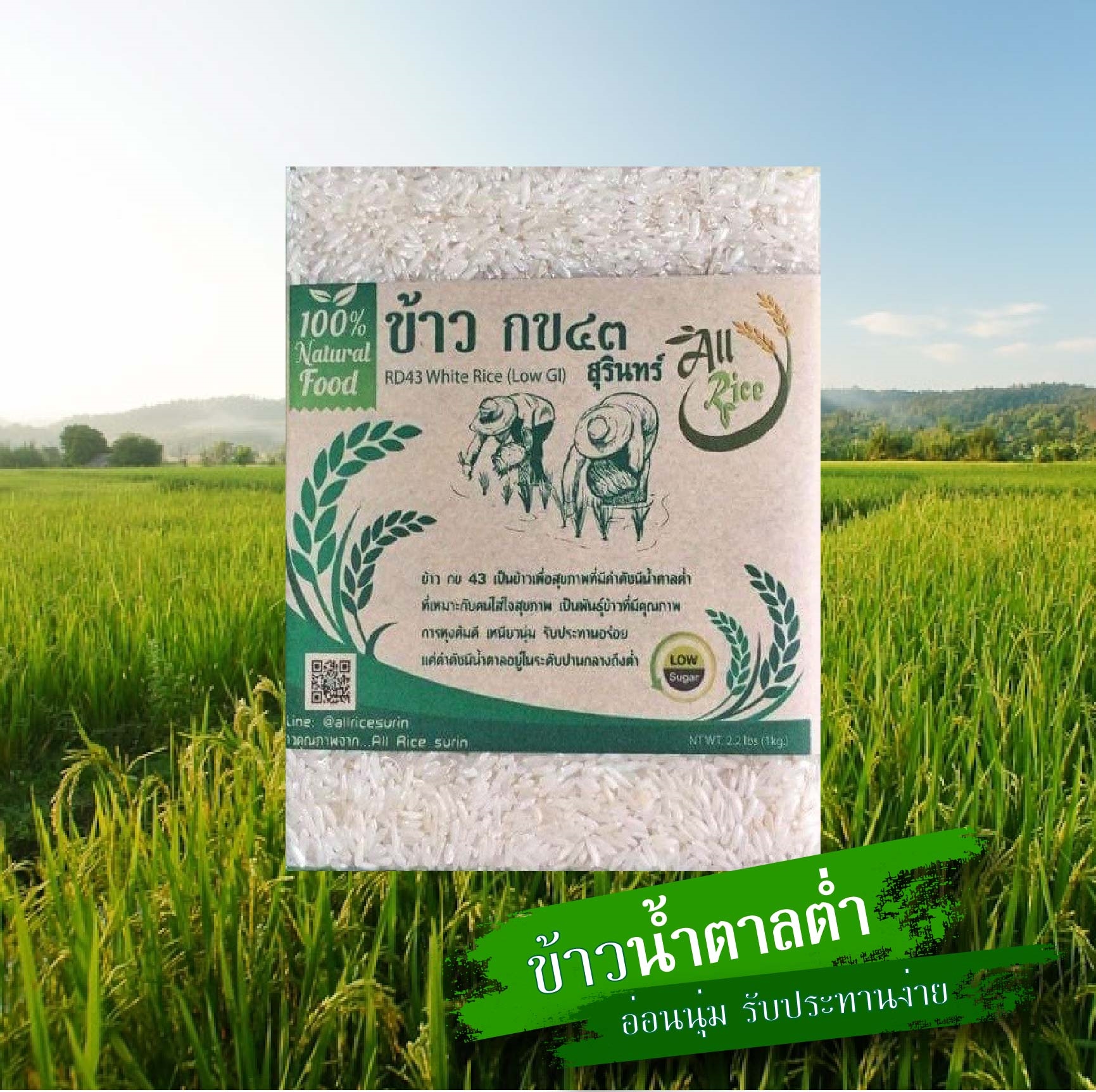 ข้าวขาว กข 43 น้ำตาลต่ำ ขนาด 1 กก.