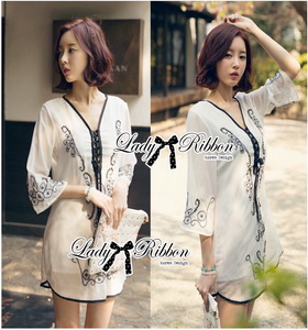 Miami Beach Embroidery Lady Ribbon Chiffon Dress