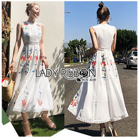 เดรสผ้าเครปสีขาวปักลายตกแต่งลูกไม้