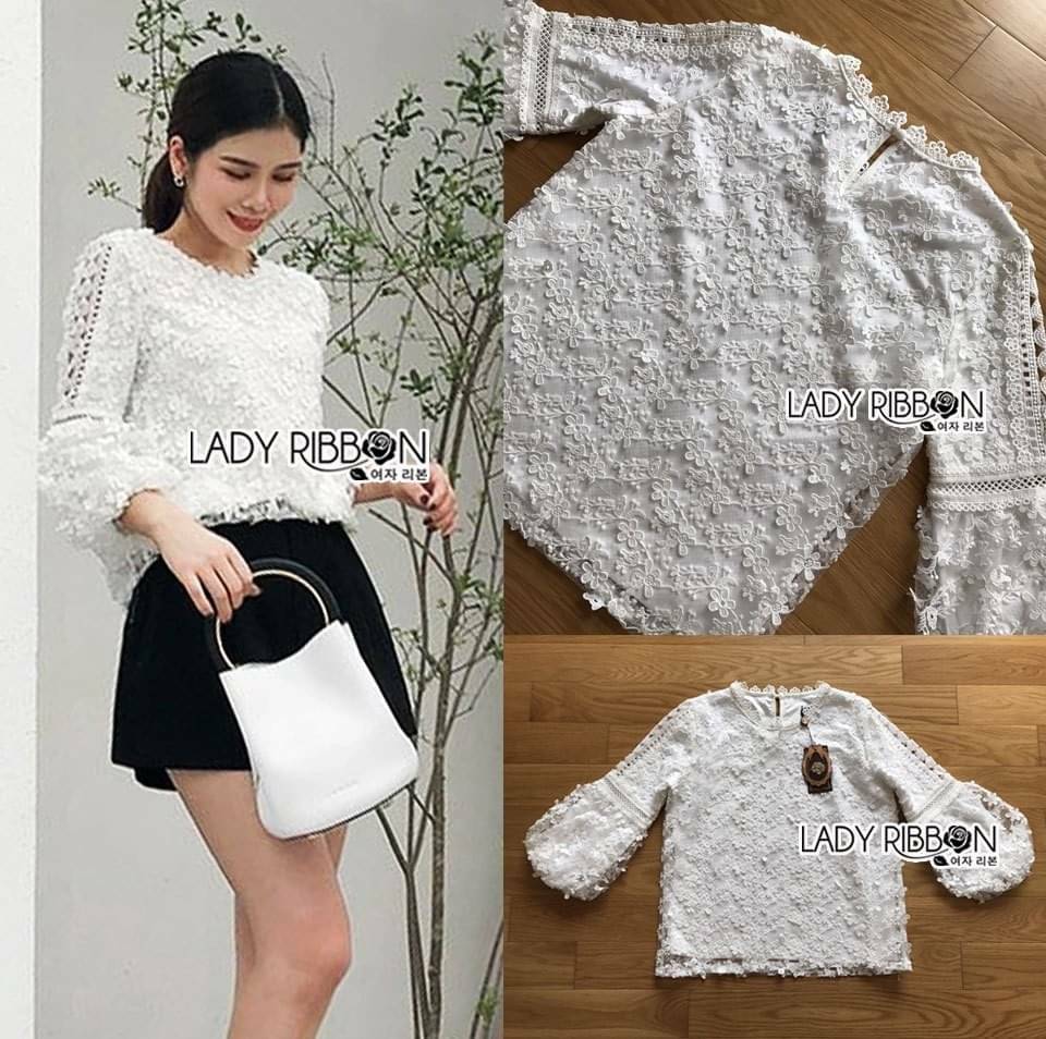 เสื้อแขนยาวผ้าลูกไม้ลายดอกไม้สไตล์วินเทจ