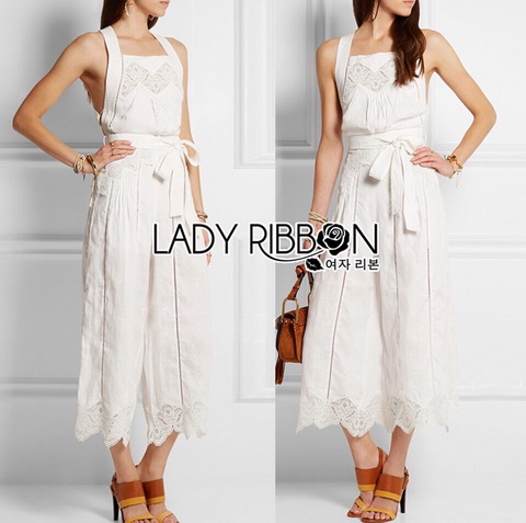 จัมป์สูทขายาวผ้าลินินตกแต่งลูกไม้สีขาว