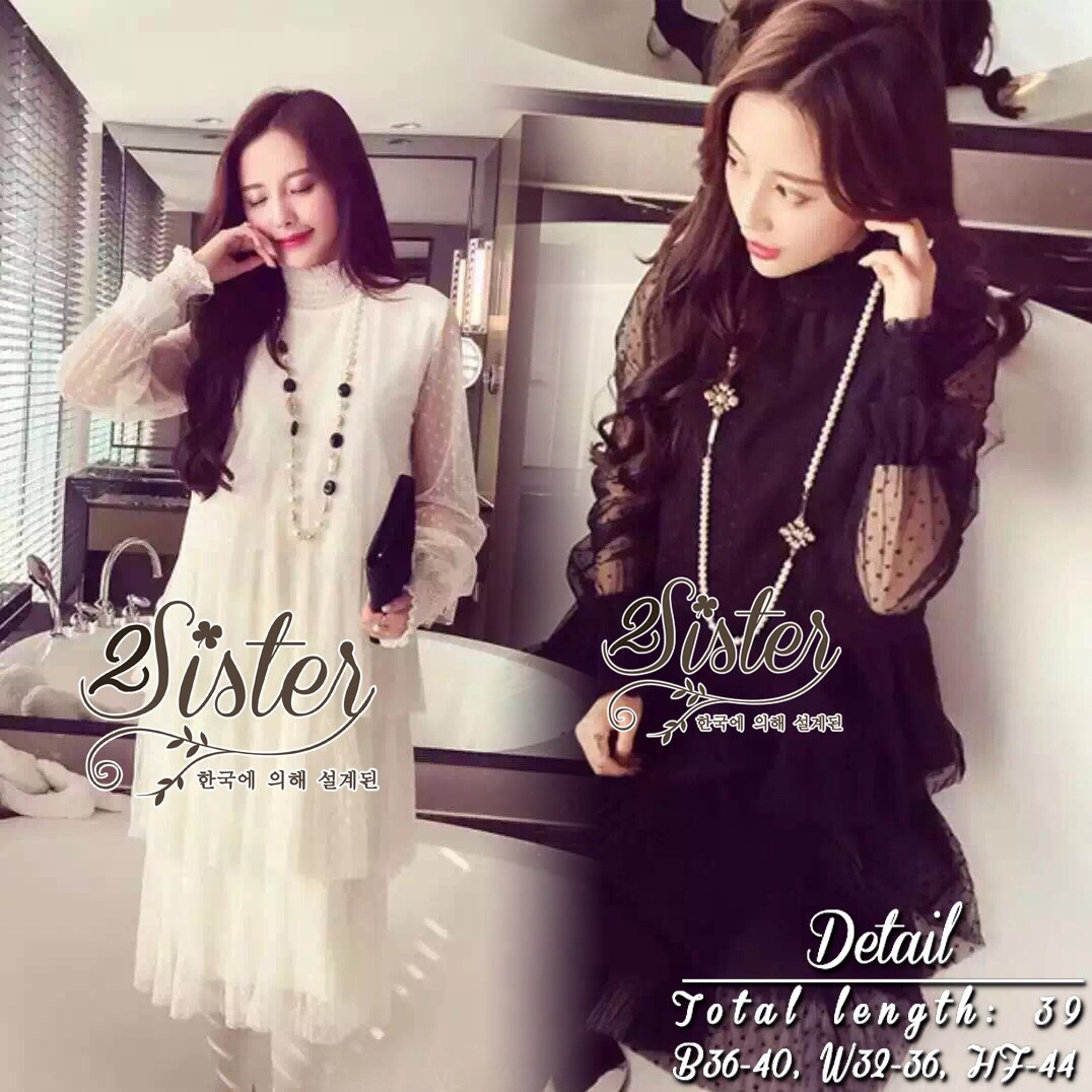 Lady Ribbon Online Sister ST04290516 🍀สินค้าพร้อมส่ง🍀 한국에 의해 설계된 2Sister Made, Black & WHite color Supreme Elegant Fashion Dress