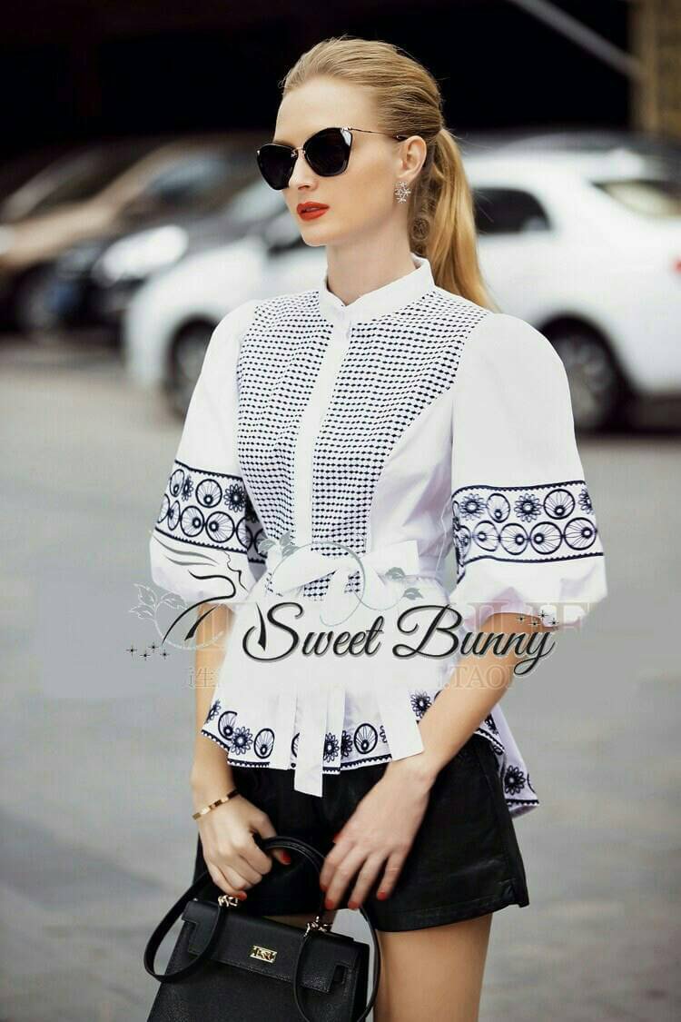 Sweet Bunny Present... White tie embroidered front shell shirt