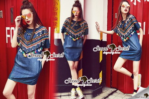Lady Ribbon Online เสื้อผ้าออนไลน์ ขายส่ง Seoul Secret ของแท้ SS15140716 Seoul Secret Say's...Indian Girl Color Stickly Denim Blouse