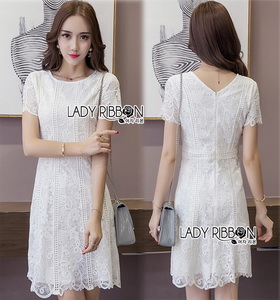 Lady Ribbon Lace Dress เดรสแขนสั้นผ้าลูกไม้สีขาว