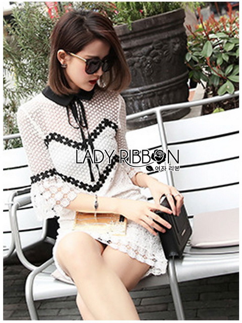 Lady Ribbon Mini Dress เดรสผ้าลูกไม้สีขาว-ดำ