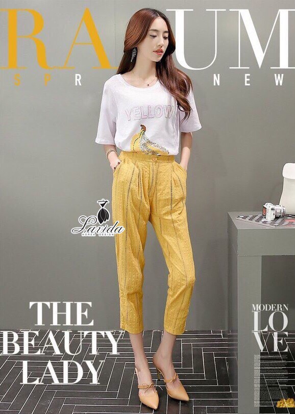 Lavida LV03070616 🍭Korea Design By Lavida banana decorated white top yellow pants chic set code739