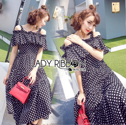 Lady Ribbon Cotton Dress เดรสผ้าคอตตอนลายจุดสีขาว-ดำ