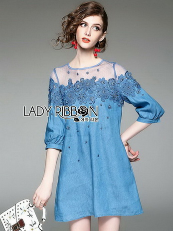 Lady Erin Casual Denim and Lace Mini Dress