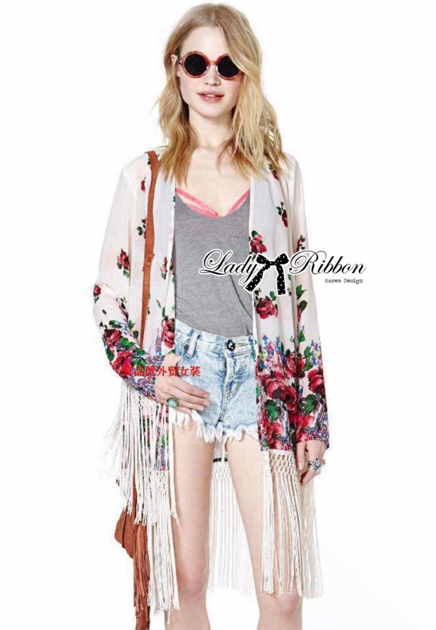 🎀 Lady Ribbon's Made 🎀 Lady Ria Hippy Floral Printed Fringe Outerwear เสื้อคลุมผ้าชีฟองพิมพ์ลายดอกไม้