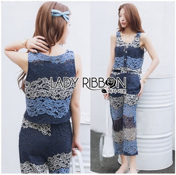 Lady Ribbon Online ขายส่งเสื้อผ้าออนไลน์ เลดี้ริบบอน LR11280716 🎀 Lady Ribbon's Made 🎀 Lady Cassandra Casual Chic Striped Lace Tank Top and Pants Set เซ็ตเสื้อแขนกุ