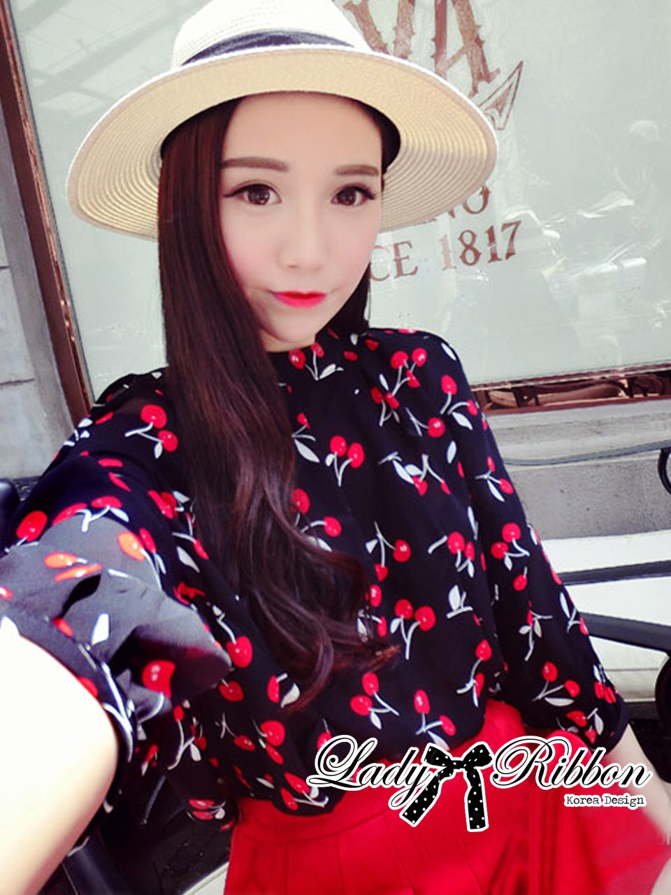 🎀 Lady Ribbon's Made 🎀 Lady Elena Mini Cherries Cut-Out ChiffonTop and High-Waist Shorts Set เซ็ตเสื้อชีฟองพิมพ์ลาย