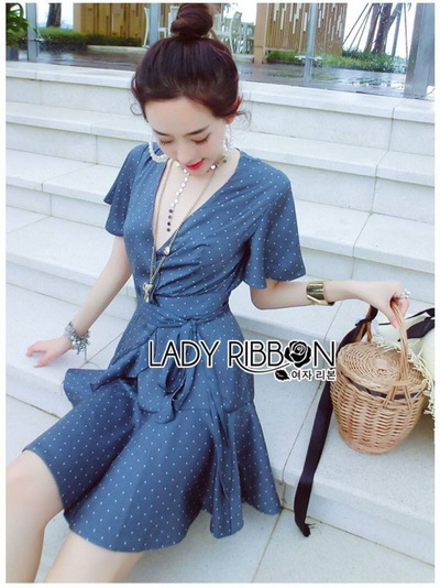Dress เดรสสั้นผ้าเครปสีฟ้าอมเทาลายจุด