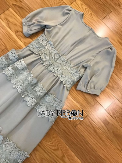 เดรสยาวผ้าชิฟฟ่อนเนื้อดีตกแต่งลูกไม้สีเขียวอ่อน