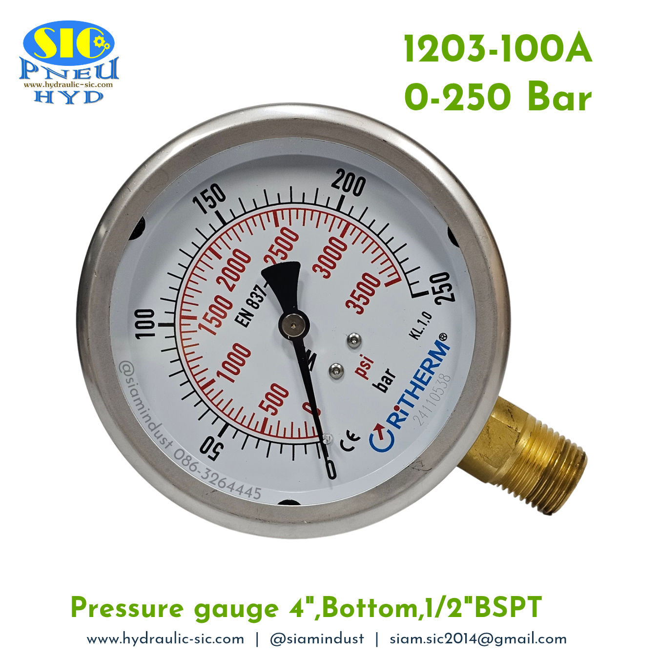 1203-100A Pressure Gauge เกจวัดแรงดันหน้าปัด 4" เกลียว 1/2" BSPT ออกข้าง RiTHERM