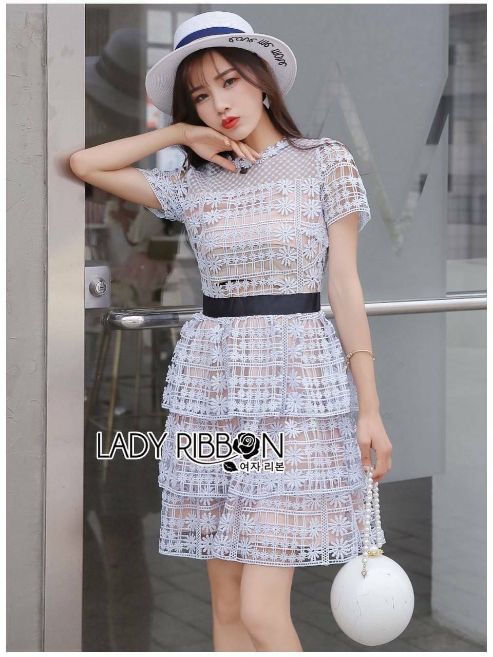 Mini Dress มินิเดรสลูกไม้คอกลมสีฟ้าโทนสโตน