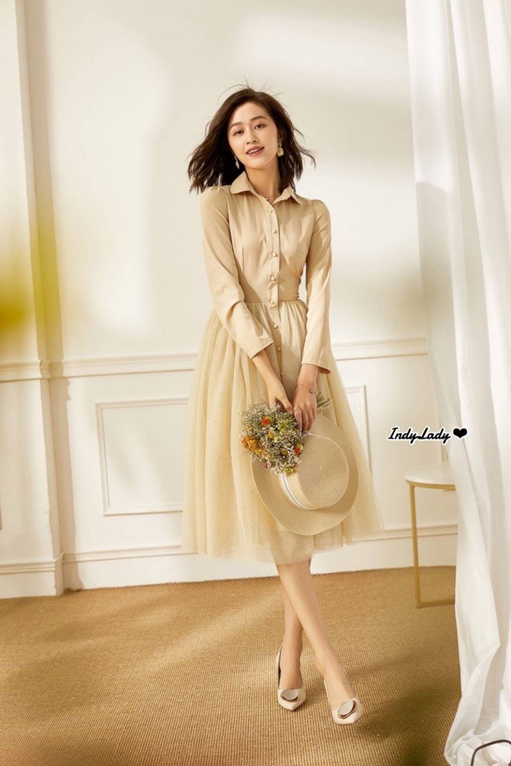 Dress แขนยาว คอปก แต่งกระดุมหน้ายาว