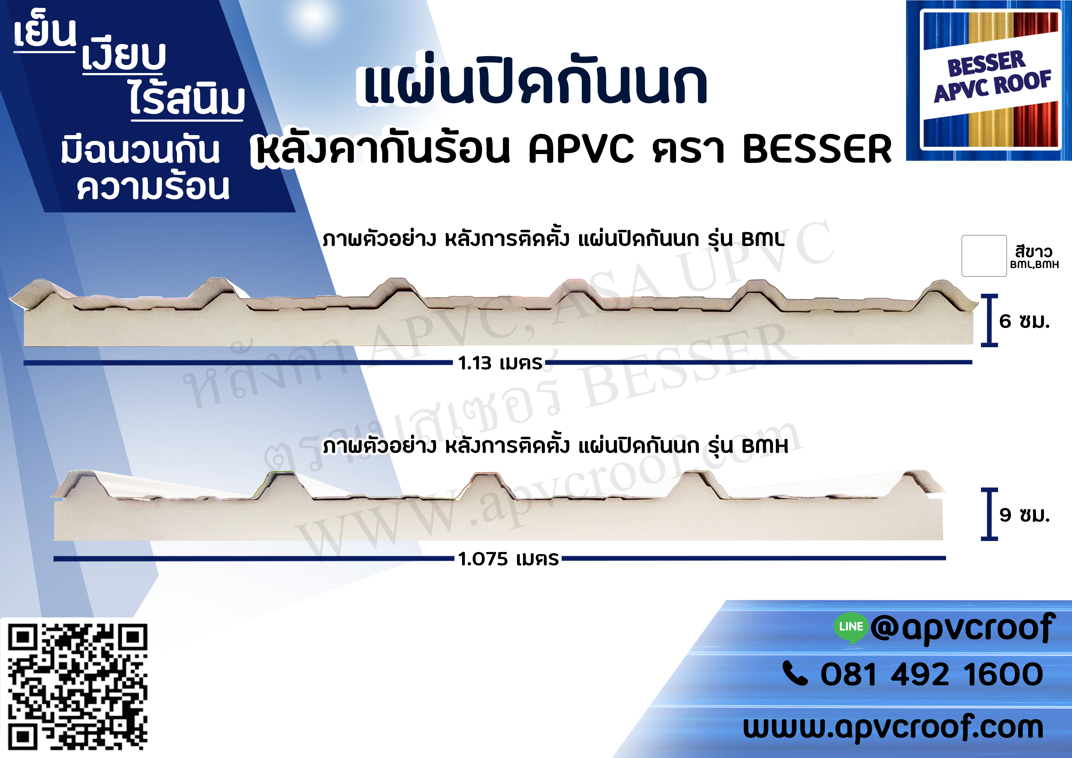แผ่นกันนก แผ่นปิดใต้ลอนหลังคา ตราเบสเซอร์ หลังคาเอพีวีซี APVC หลังคายูพีวีซี UPVC ASAPVC สมาร์ทรูฟ