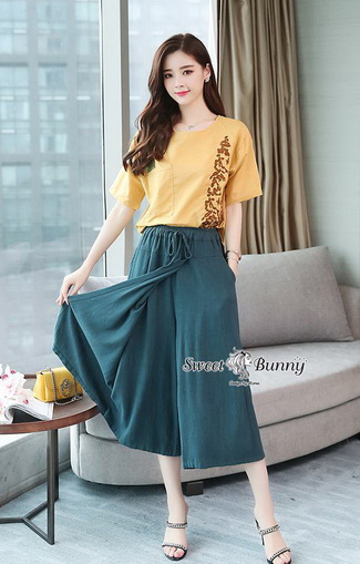 เสื้อกางเกงเกาหลีเสื้อผ้าทอสีเหลือง